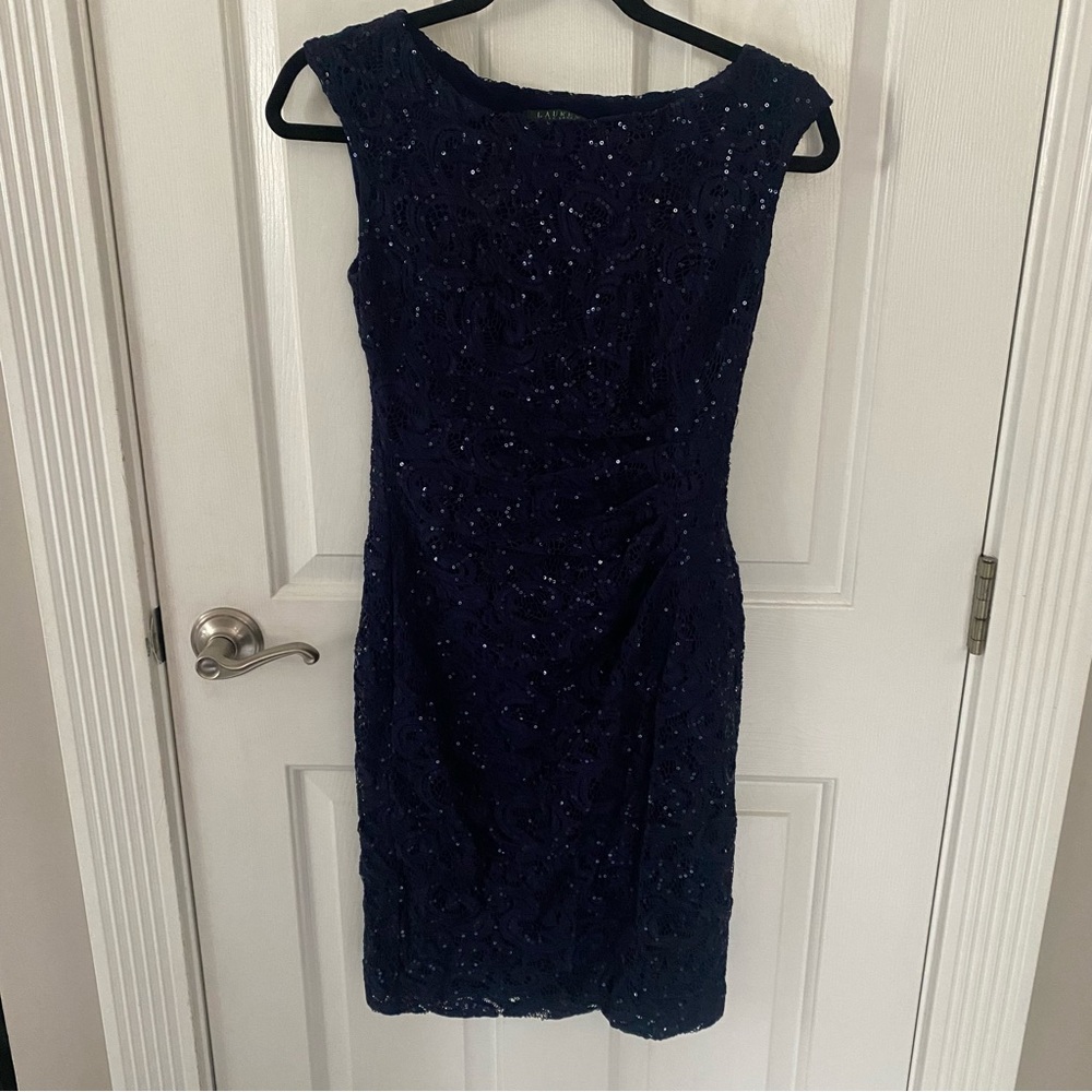 RALPH LAUREN Navy Blue Sequin Dress Size 2 Mother Of The Bride Cocktail Sheath